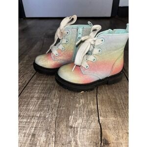 Rainbow Glitter Cat & Jack Boots Girls Ombre Lace Up Side Zip Ankle Boots